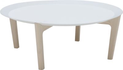 Weißer Tray Beistelltisch Softline mit runder Tischplatte und hellem Holzgestell, ideal als Couchtisch oder Nachttisch.